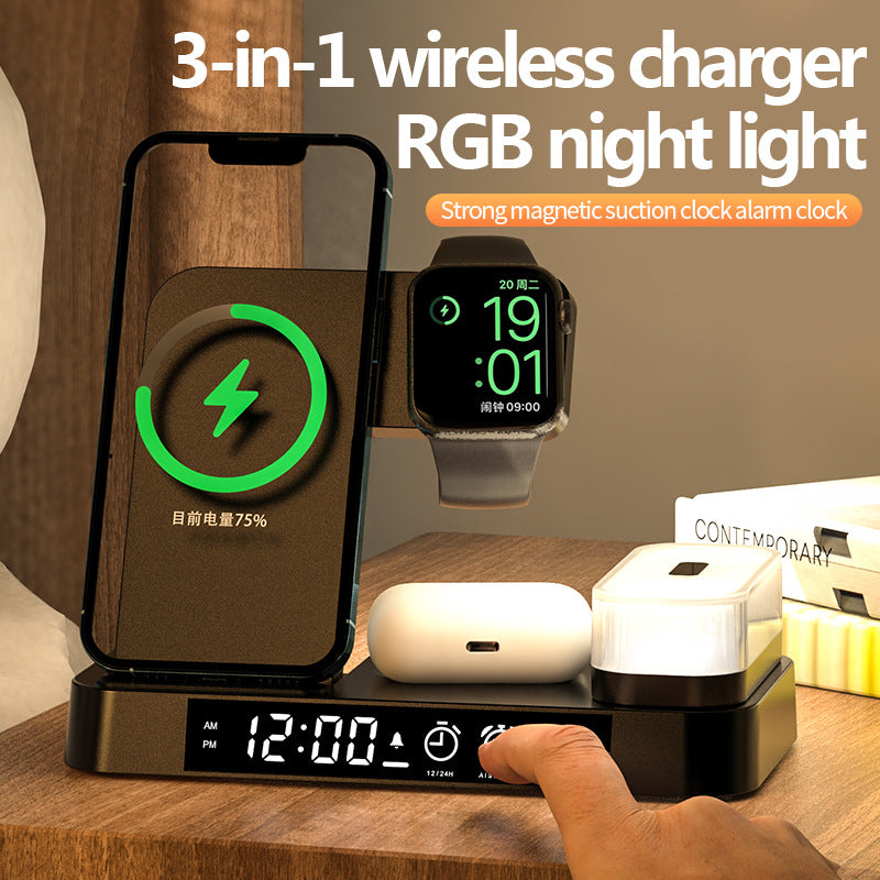 4 In 1 Multifunction Wireless Charger Station With Alarm Clock Display Foldable Wireless Charger Stand With RGB Night Light ShopOnlyDeal