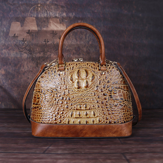 2024 new vintage top layer cowhide women's bag artificial rubbed color crocodile pattern embossed hand-held shoulder shell bag ShopOnlyDeal