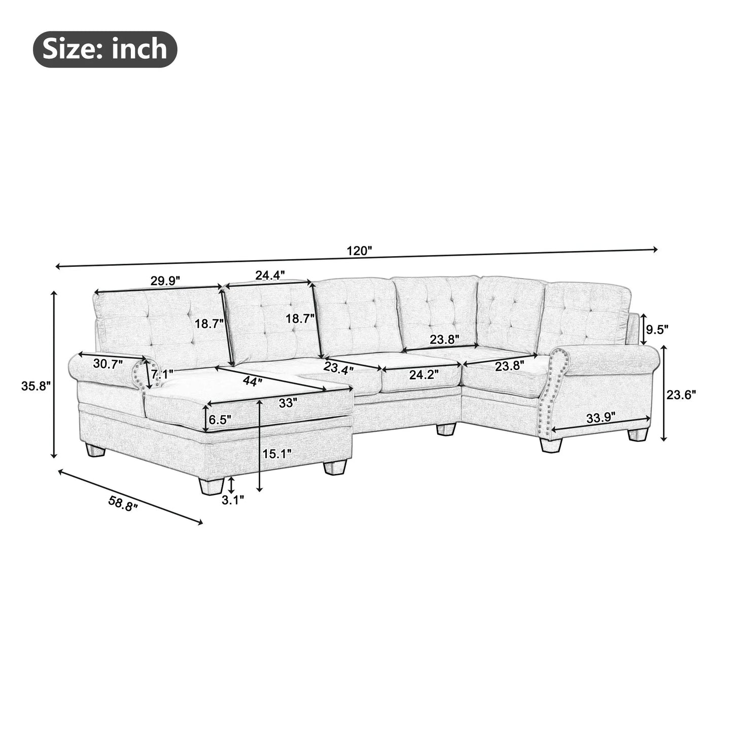 120" Modern U-Shaped Corner Sectional Sofa | Upholstered Linen Fabric Couch | Beige | For Living Room, Bedroom ShopOnlyDeal