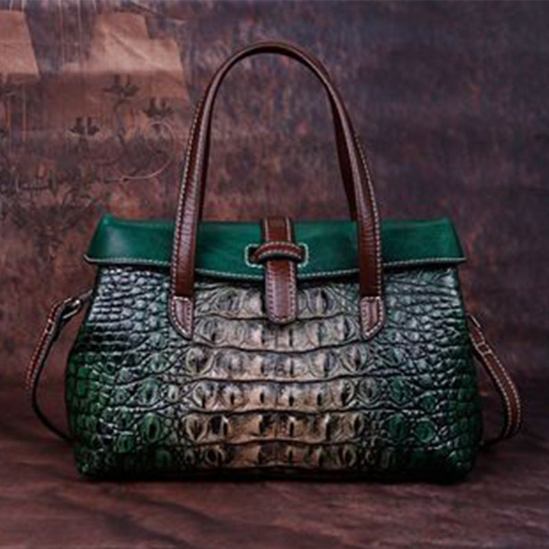 Handbag 2024 new women's bag first layer cowhide embossed crocodile pattern retro shoulder messenger women's bag wholesale ShopOnlyDeal