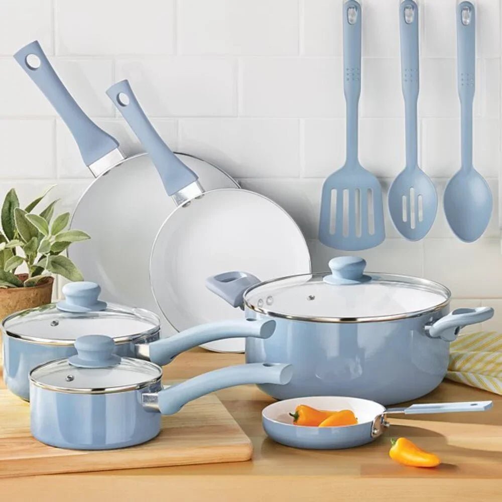 12pc Ceramic Cookware Set in Blue Linen: Elegant Non-Stick Pot Set for Cooking Food - Набор Кастрюль Кухонные ShopOnlyDeal