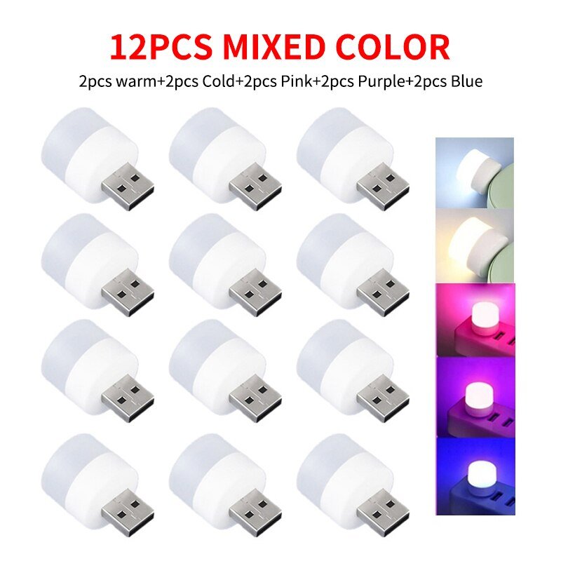 12pc Mini USB Plug Lamp - Super Bright 5V 1W LED Night Light for Eye Protection, Book Reading, Computer, Mobile Power Charging ShopOnlyDeal