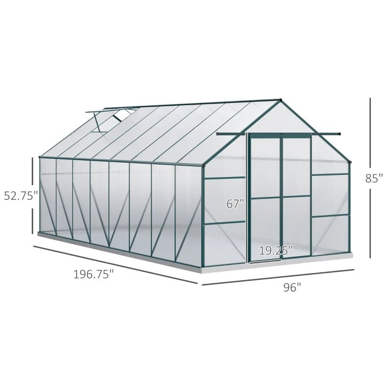 16' x 8' Walk-in Greenhouse Kit - Aluminum Frame, Polycarbonate Panels, Greenhouse in Green and Clear - Ideal for Year-Round Plant Growth and Gardening ShopOnlyDeal