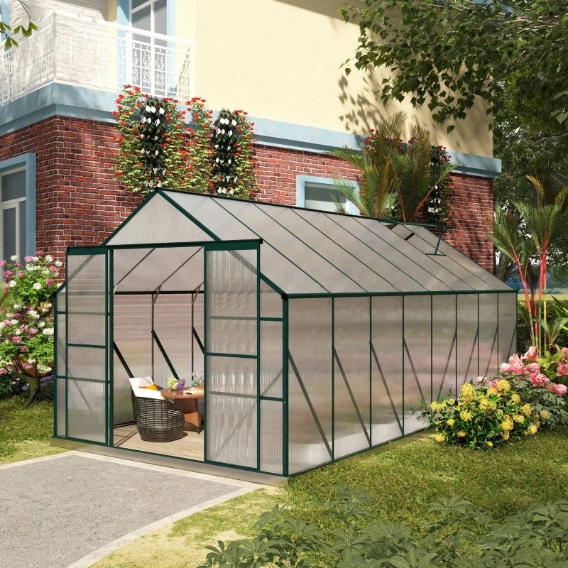 16' x 8' Walk-in Greenhouse Kit - Aluminum Frame, Polycarbonate Panels, Greenhouse in Green and Clear - Ideal for Year-Round Plant Growth and Gardening ShopOnlyDeal