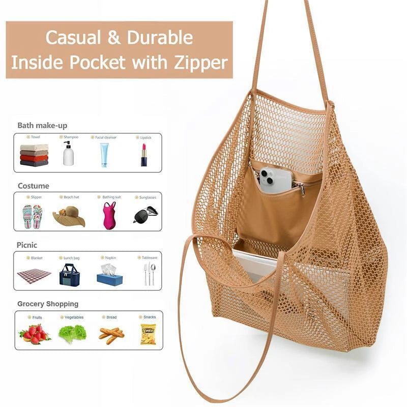 Ladies Summer Beach Bag | 1 pc Large Mesh Handbag with Zipper Inner Bag | Washable Swimming Clothes Storage Bag ShopOnlyDeal