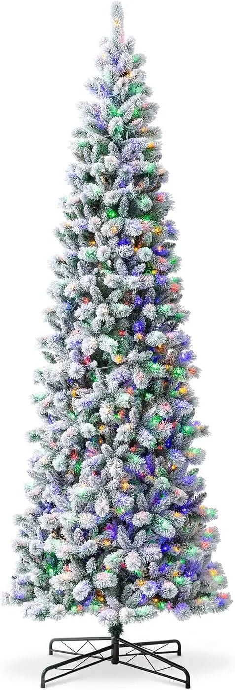 1ft Pre-Lit Flocked Pencil Green Pine Artificial Christmas Tree | 700 LED Lights | 9 Functional Warm White Settings | Elegant Holiday Decor ShopOnlyDeal