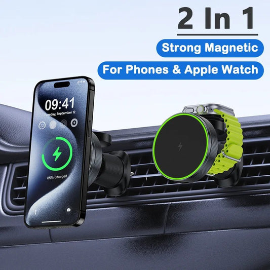 2 in 1 LED Magnetic Wireless Car Charger - Fast Charging Car Mount Phone Holder for iPhone 15, 14, 13, 12 Pro, Apple Watch, iWatch 8, 7 ShopOnlyDeal