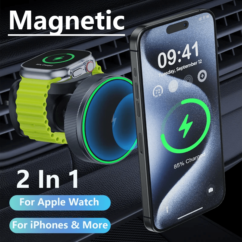 2 in 1 LED Magnetic Wireless Car Charger - Fast Charging Car Mount Phone Holder for iPhone 15, 14, 13, 12 Pro, Apple Watch, iWatch 8, 7 ShopOnlyDeal