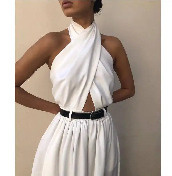 Summer Women Jumpsuits Sexy Elegant Backless Halter White Rompers | Female Solid Wide Leg Loose Pants Overalls Jumpsuits ShopOnlyDeal