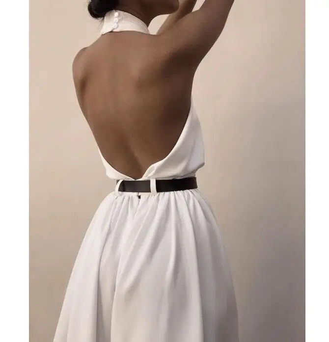 Summer Women Jumpsuits Sexy Elegant Backless Halter White Rompers | Female Solid Wide Leg Loose Pants Overalls Jumpsuits ShopOnlyDeal