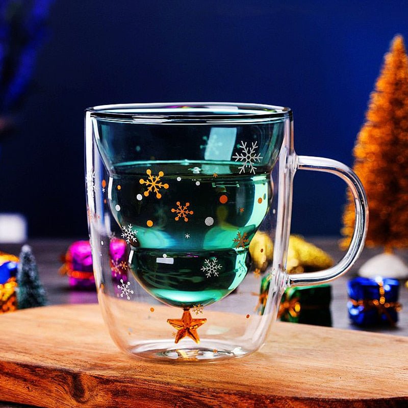 2022 Creative Christmas Mug Glass Christmas Tree Star Cup High Temperature Double Water Cup Party Xmas Gifts Foldable Travel Mug ShopOnlyDeal