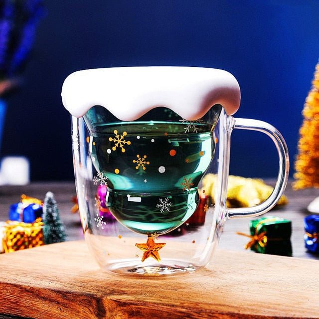 2022 Creative Christmas Mug Glass Christmas Tree Star Cup High Temperature Double Water Cup Party Xmas Gifts Foldable Travel Mug ShopOnlyDeal