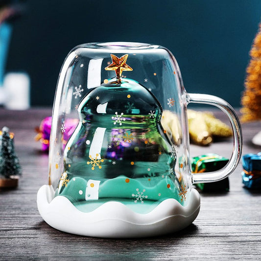 2022 Creative Christmas Mug Glass Christmas Tree Star Cup High Temperature Double Water Cup Party Xmas Gifts Foldable Travel Mug ShopOnlyDeal