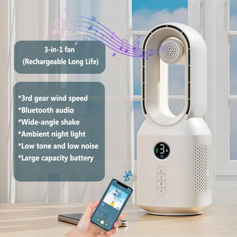 2023 New Bladeless Fan Bluetooth Speaker Sound Fan LED Light Home Summer Leaf less USB Charging Electric Fan Camping ShopOnlyDeal