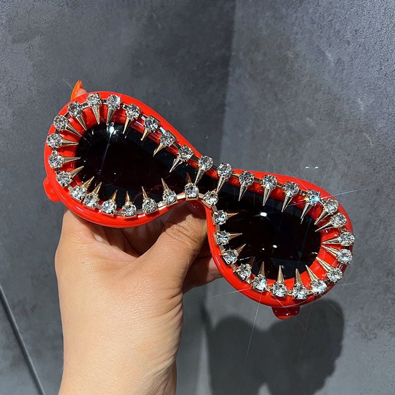 2023's Ultimate Punk Chic: Unleash Your Inner Rebel with Jewelry-Adorned Oval Sunglasses for Women – A Fusion of Fashion, Brand Design, and Retro Flair in Red and Pink Goggle Sun Glasses! ShopOnlyDeal