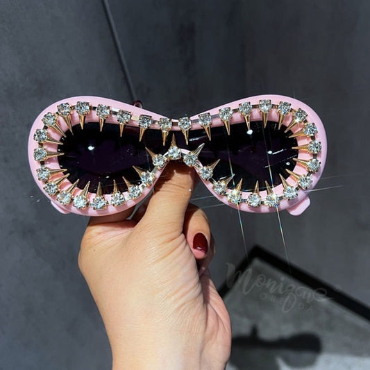 2023's Ultimate Punk Chic: Unleash Your Inner Rebel with Jewelry-Adorned Oval Sunglasses for Women – A Fusion of Fashion, Brand Design, and Retro Flair in Red and Pink Goggle Sun Glasses! ShopOnlyDeal