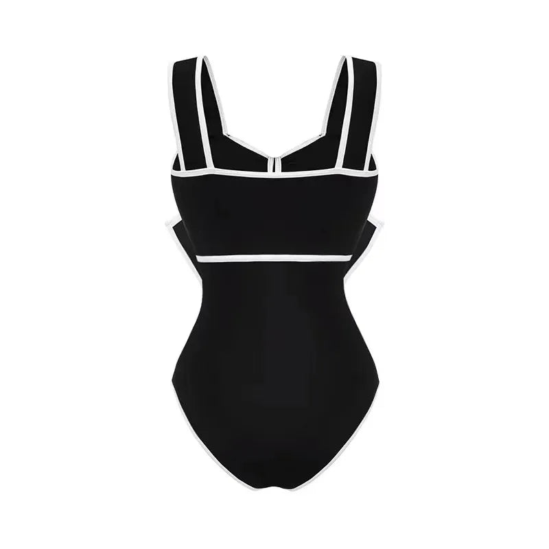 2024 Black White Retro One Piece Swimsuit Women Bow Tie Swimwear with Skirt Sexy Bathing Suit Monokini Beach Bodysuit Beach Wear ShopOnlyDeal