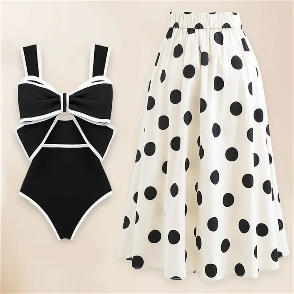 2024 Black White Retro One Piece Swimsuit Women Bow Tie Swimwear with Skirt Sexy Bathing Suit Monokini Beach Bodysuit Beach Wear ShopOnlyDeal