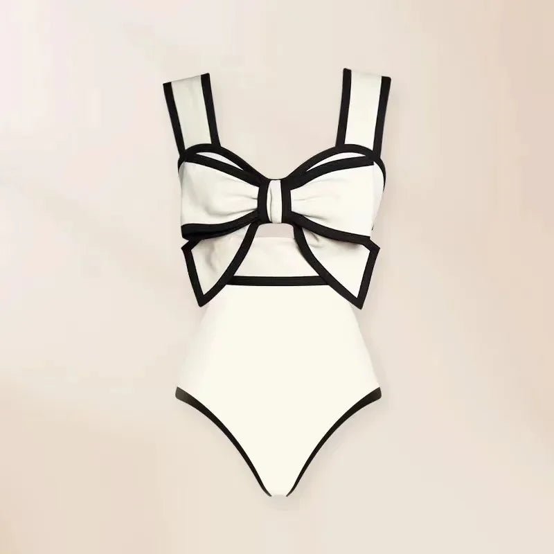 2024 Black White Retro One Piece Swimsuit Women Bow Tie Swimwear with Skirt Sexy Bathing Suit Monokini Beach Bodysuit Beach Wear ShopOnlyDeal