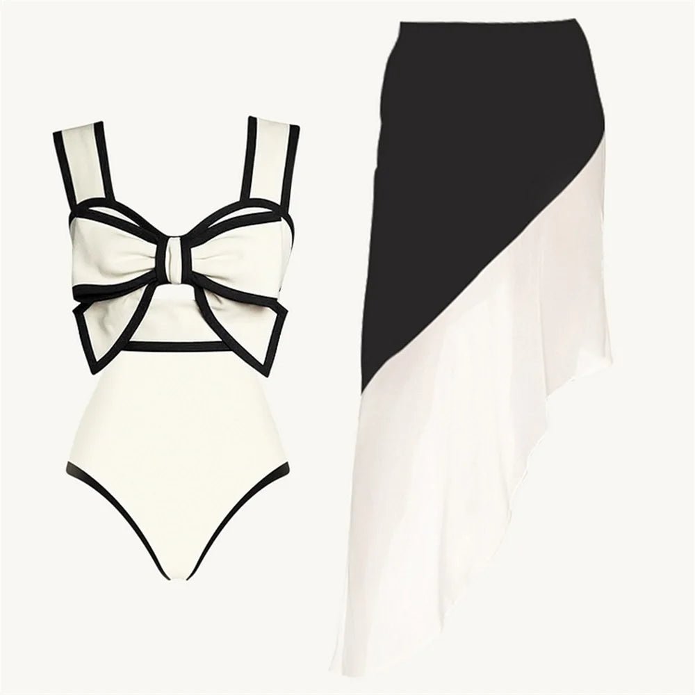 2024 Black White Retro One Piece Swimsuit Women Bow Tie Swimwear with Skirt Sexy Bathing Suit Monokini Beach Bodysuit Beach Wear ShopOnlyDeal