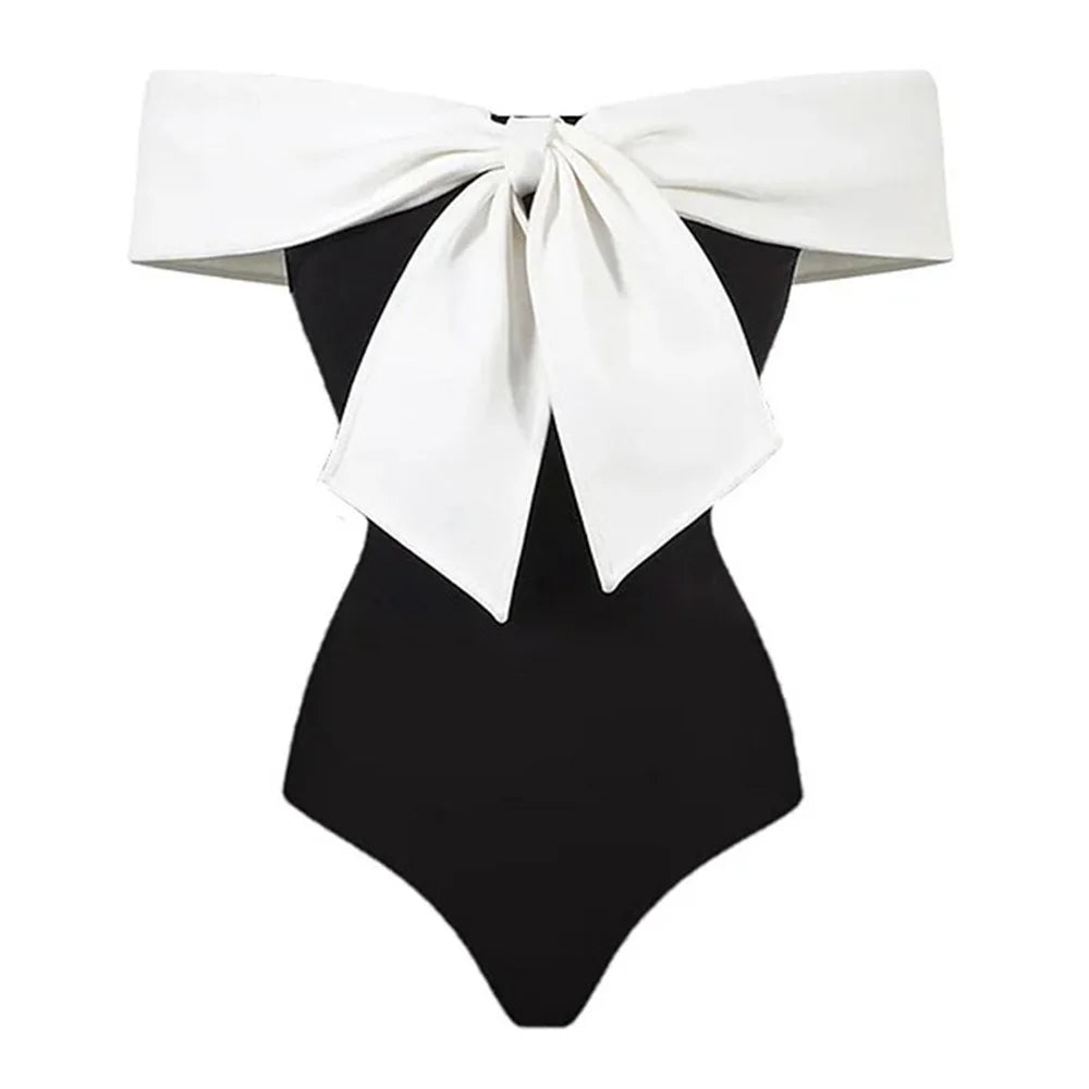 2024 Black White Retro One Piece Swimsuit Women Bow Tie Swimwear with Skirt Sexy Bathing Suit Monokini Beach Bodysuit Beach Wear ShopOnlyDeal