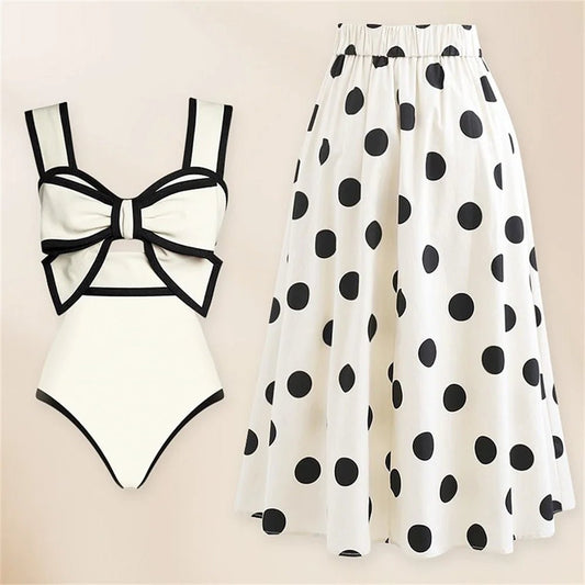 2024 Black White Retro One Piece Swimsuit Women Bow Tie Swimwear with Skirt Sexy Bathing Suit Monokini Beach Bodysuit Beach Wear ShopOnlyDeal