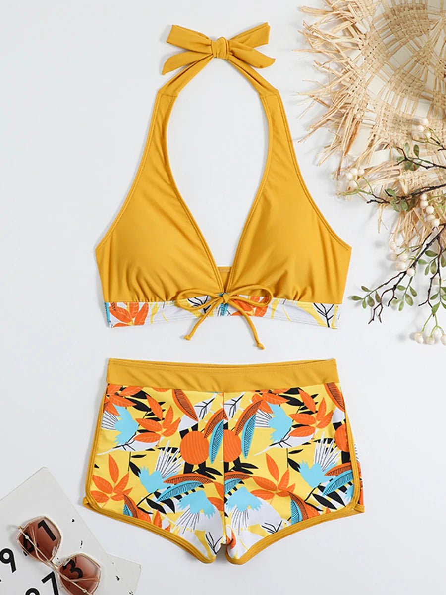 2024 Halter Bikini Set Short Swimsuit Women High Waist Swimwear Female Printed Bathers Swimming Bathing Swim Suit Beachwear ShopOnlyDeal