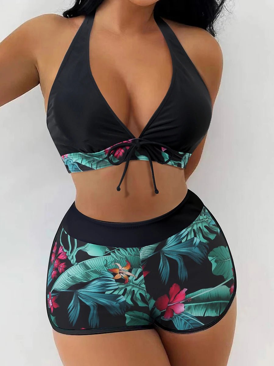 2024 Halter Bikini Set Short Swimsuit Women High Waist Swimwear Female Printed Bathers Swimming Bathing Swim Suit Beachwear ShopOnlyDeal