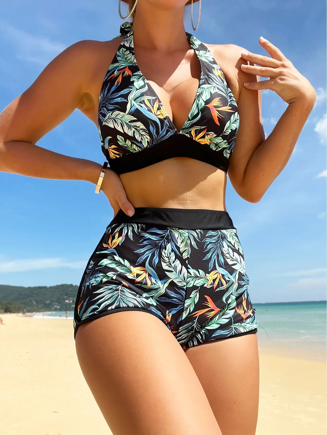 2024 Halter Bikini Set Short Swimsuit Women High Waist Swimwear Female Printed Bathers Swimming Bathing Swim Suit Beachwear ShopOnlyDeal