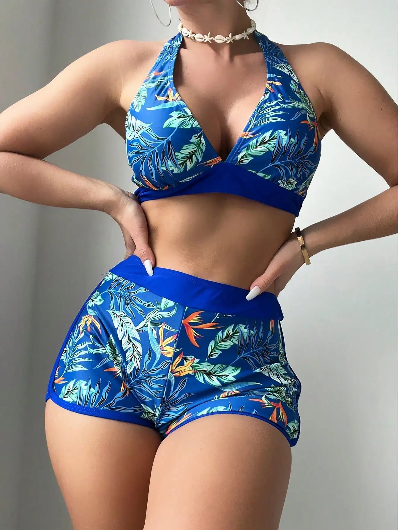 2024 Halter Bikini Set Short Swimsuit Women High Waist Swimwear Female Printed Bathers Swimming Bathing Swim Suit Beachwear ShopOnlyDeal