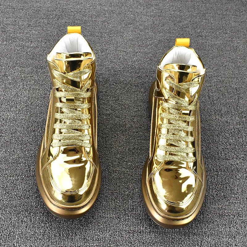 2024 Men's High Top Sports Shoes: Fashion Shiny Leather Gold & Silver Luxury Skateboard Korean High Street Dance Boots Sneakers ShopOnlyDeal