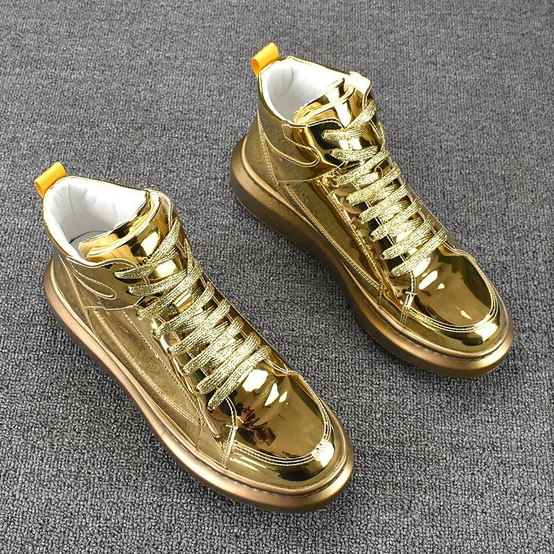 2024 Men's High Top Sports Shoes: Fashion Shiny Leather Gold & Silver Luxury Skateboard Korean High Street Dance Boots Sneakers ShopOnlyDeal