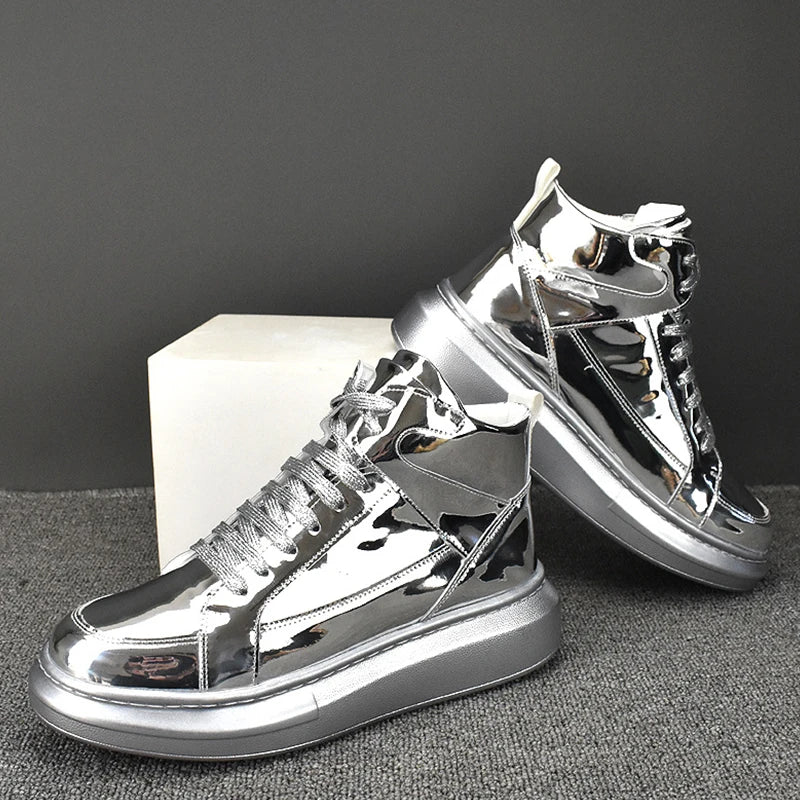 2024 Men's High Top Sports Shoes: Fashion Shiny Leather Gold & Silver Luxury Skateboard Korean High Street Dance Boots Sneakers ShopOnlyDeal