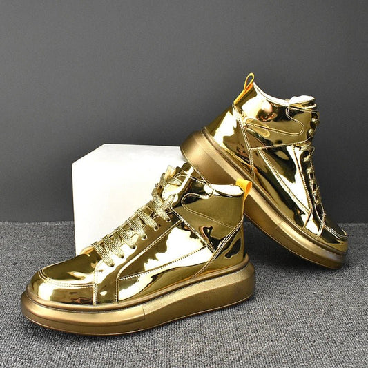 2024 Men's High Top Sports Shoes: Fashion Shiny Leather Gold & Silver Luxury Skateboard Korean High Street Dance Boots Sneakers ShopOnlyDeal