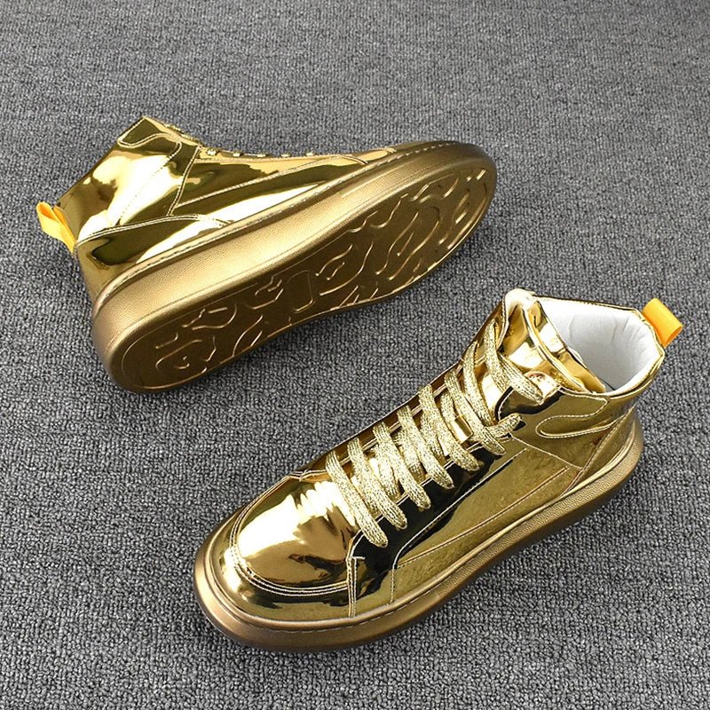 2024 Men's High Top Sports Shoes: Fashion Shiny Leather Gold & Silver Luxury Skateboard Korean High Street Dance Boots Sneakers ShopOnlyDeal