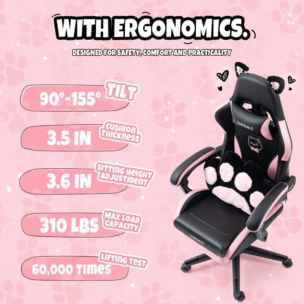 2024 New Gaming Chair with Cat Paw Lumbar Cushion and Cat Ears - Ergonomic Computer Chair with Built-In Footrest ShopOnlyDeal