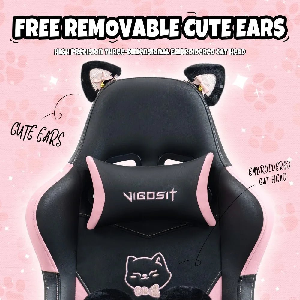 2024 New Gaming Chair with Cat Paw Lumbar Cushion and Cat Ears - Ergonomic Computer Chair with Built-In Footrest ShopOnlyDeal