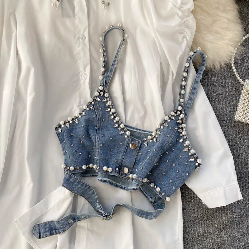 2024 New High-End White Shirt Dress Female Lapel Diamond Pearl Luxury Shirt Short Denim Vest Chic Two Piece Sets Female Fashion ShopOnlyDeal