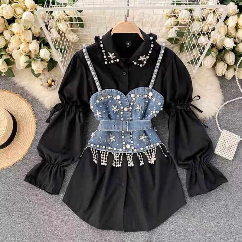 2024 New High-End White Shirt Dress Female Lapel Diamond Pearl Luxury Shirt Short Denim Vest Chic Two Piece Sets Female Fashion ShopOnlyDeal