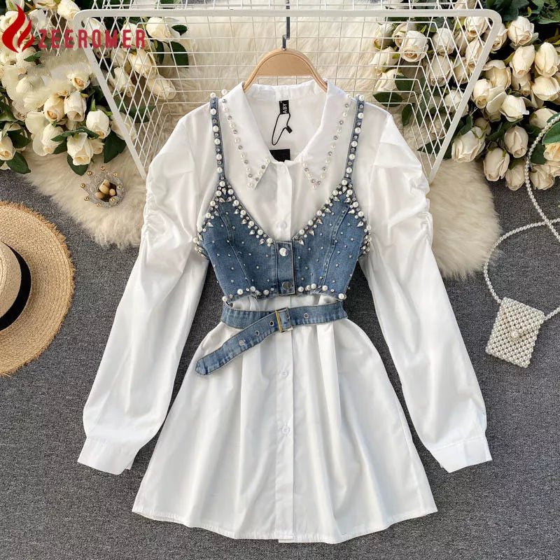 2024 New High-End White Shirt Dress Female Lapel Diamond Pearl Luxury Shirt Short Denim Vest Chic Two Piece Sets Female Fashion ShopOnlyDeal