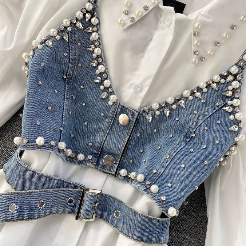 2024 New High-End White Shirt Dress Female Lapel Diamond Pearl Luxury Shirt Short Denim Vest Chic Two Piece Sets Female Fashion ShopOnlyDeal