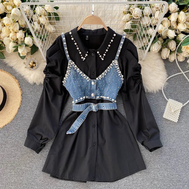 2024 New High-End White Shirt Dress Female Lapel Diamond Pearl Luxury Shirt Short Denim Vest Chic Two Piece Sets Female Fashion ShopOnlyDeal