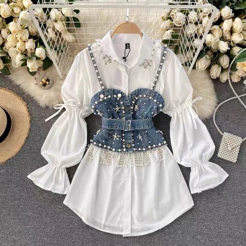 2024 New High-End White Shirt Dress Female Lapel Diamond Pearl Luxury Shirt Short Denim Vest Chic Two Piece Sets Female Fashion ShopOnlyDeal