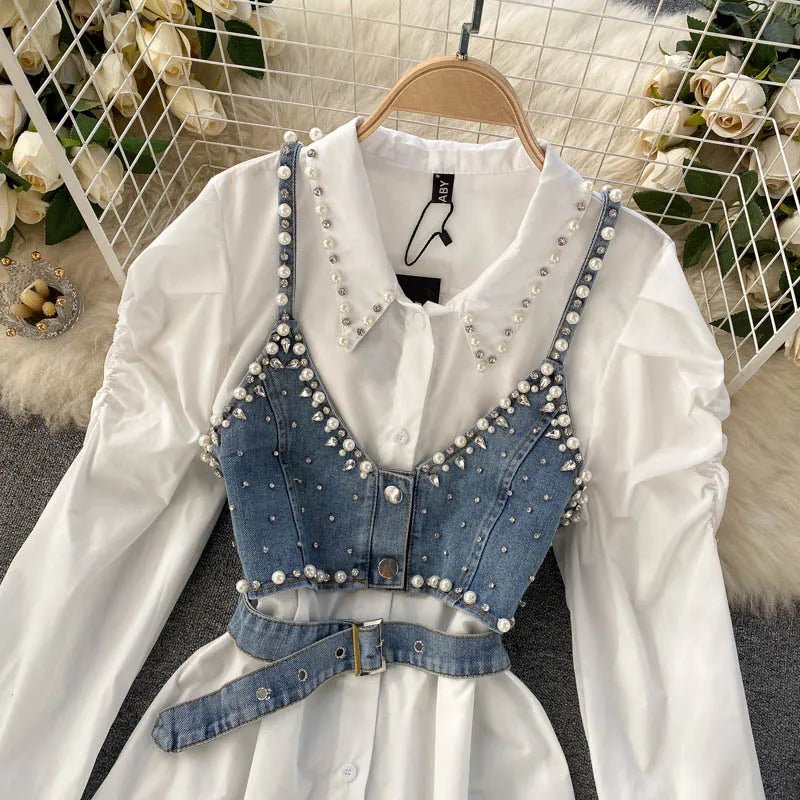 2024 New High-End White Shirt Dress Female Lapel Diamond Pearl Luxury Shirt Short Denim Vest Chic Two Piece Sets Female Fashion ShopOnlyDeal