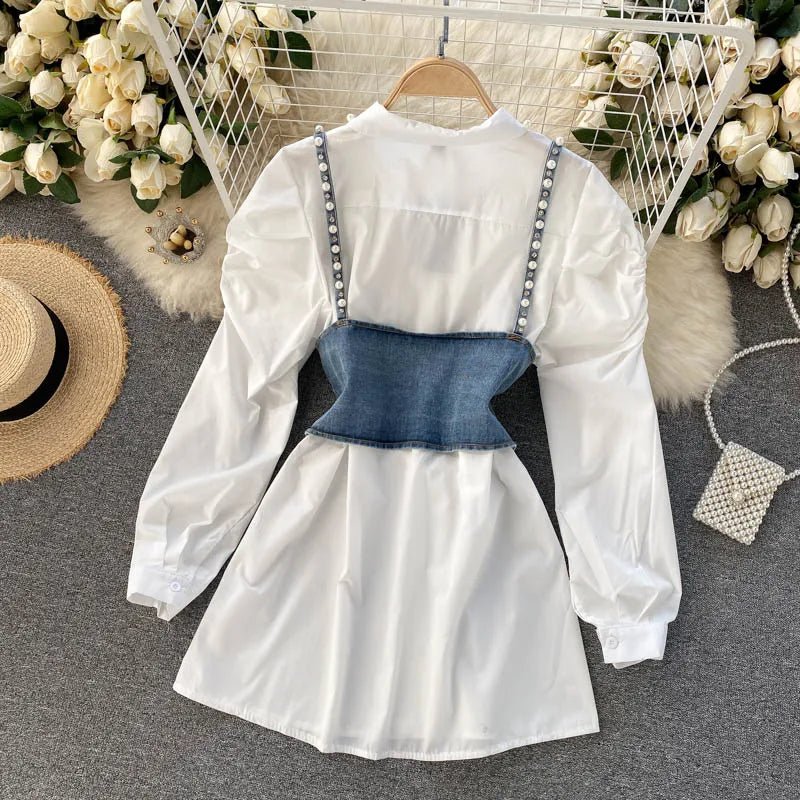 2024 New High-End White Shirt Dress Female Lapel Diamond Pearl Luxury Shirt Short Denim Vest Chic Two Piece Sets Female Fashion ShopOnlyDeal