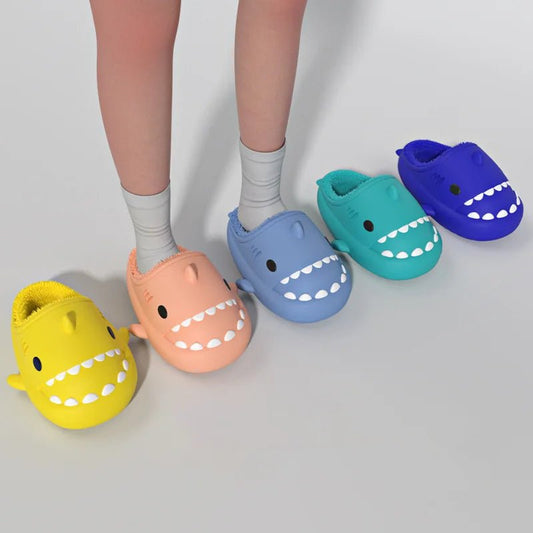 2024 New Kids Winter Slippers Children Cartoon Shark Home Slides Couples Indoor Waterproof Thick Bottom Warm Plush Slippers ShopOnlyDeal