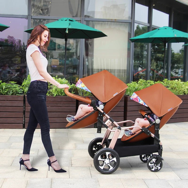 2024 New Luxury Twin Baby Stroller | Aluminum Frame & PU Leather Twin Pram | Sit & Lie Double Baby Carriage ShopOnlyDeal