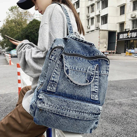 2024 New Retro Denim Women's Backpack | Large Capacity Vintage Travel Bagpack - Chic College and School Bags for Teenage Girls ShopOnlyDeal