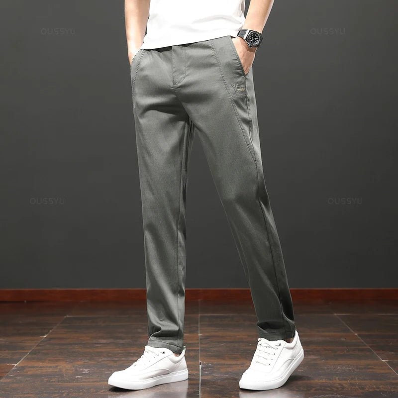 2024 New Spring Summer Soft Stretch Lyocell Fabric Casual Pants for Men | Straight Thin Elastic Waist Business Green Trousers | Male Fashion ShopOnlyDeal