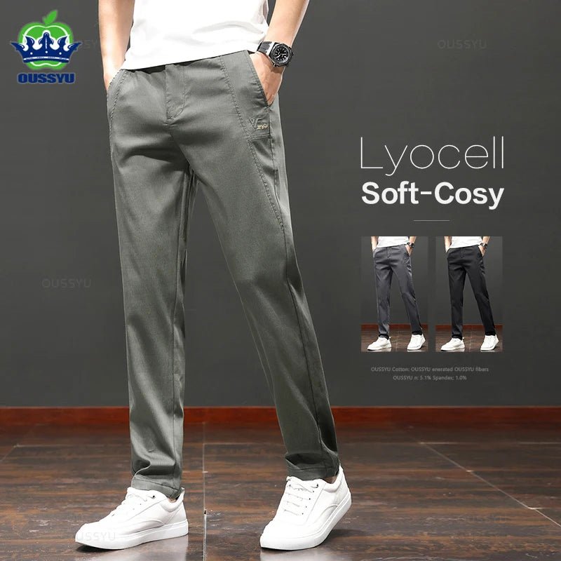 2024 New Spring Summer Soft Stretch Lyocell Fabric Casual Pants for Men | Straight Thin Elastic Waist Business Green Trousers | Male Fashion ShopOnlyDeal